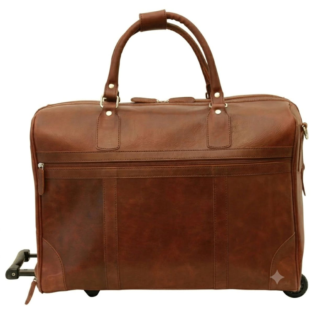 Full-grain leather duffel bag with trolley - Chestnut-0