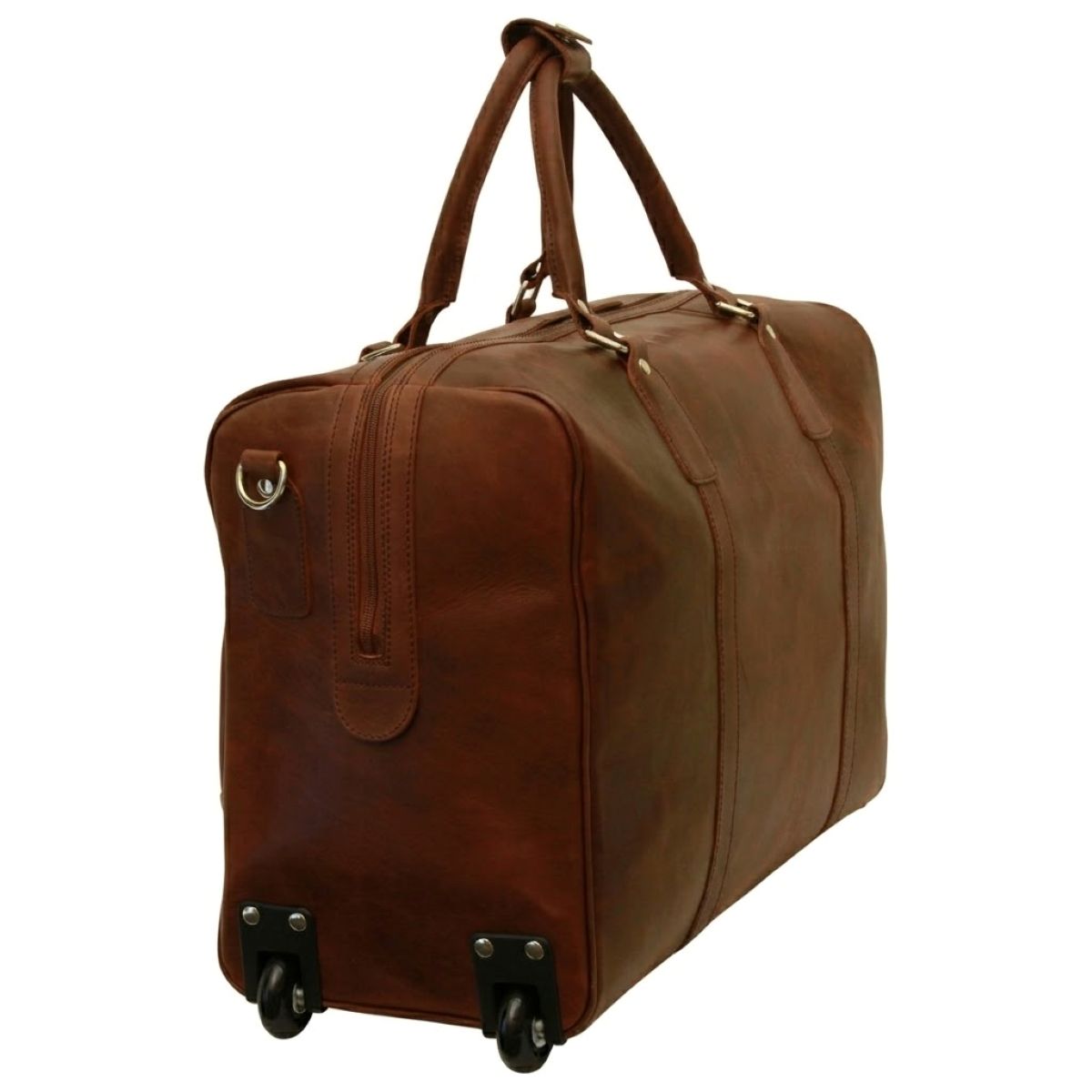 Full-grain leather duffel bag with trolley - Chestnut-1