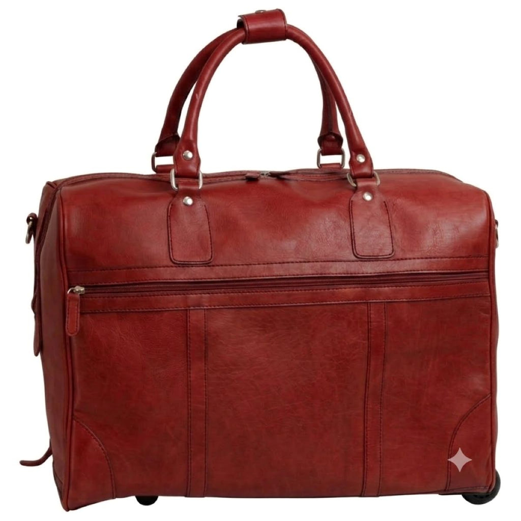 Full-grain leather duffel bag with trolley - Red-0