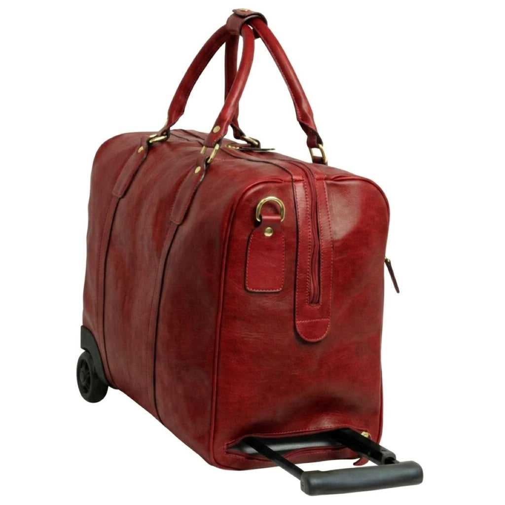 Full-grain leather duffel bag with trolley - Red-1