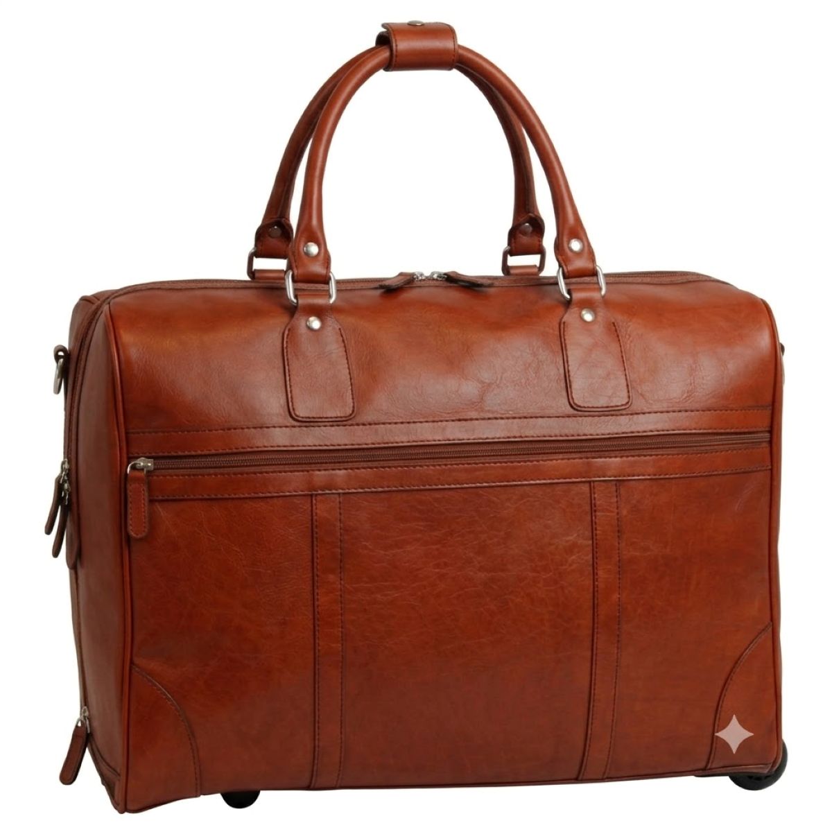 Full-grain leather duffel bag with trolley -Teak-0