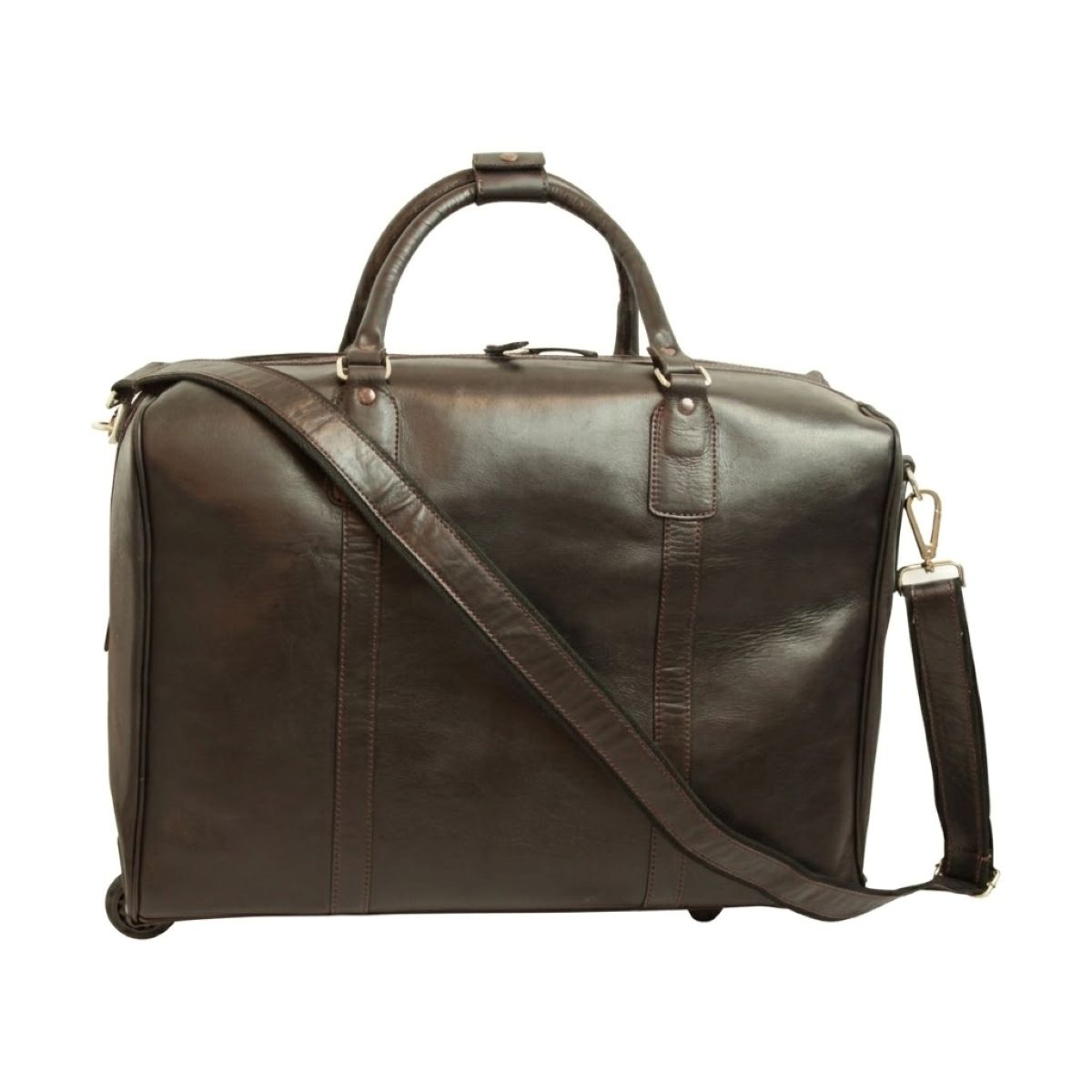 Full-grain leather duffel bag with trolley - Dark Brown-1
