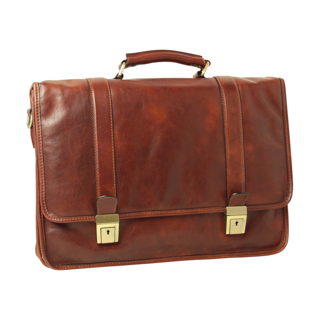 Soft Calfskin Leather Briefcase with shoulder strap - Mahogany Brown-0