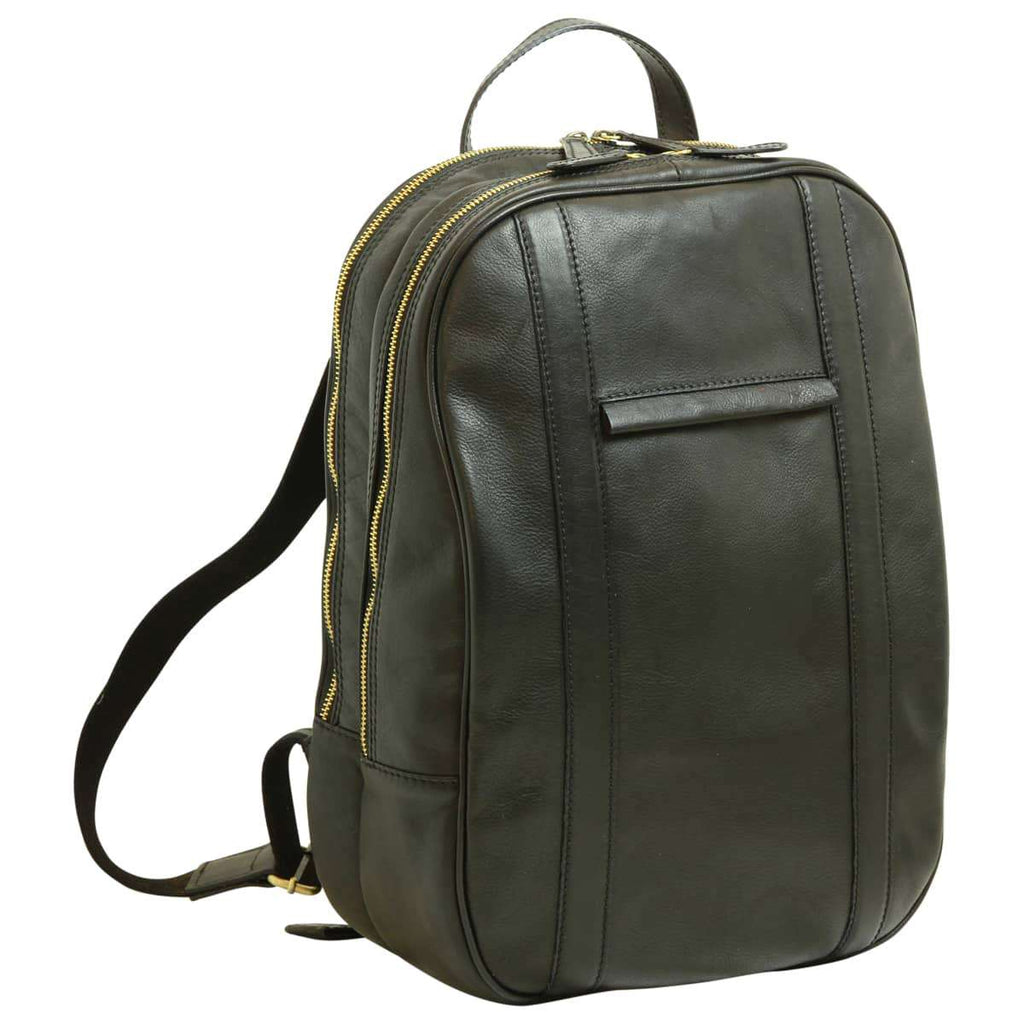 Soft Calfskin Leather Laptop Backpack with backside troller strap. Black-0