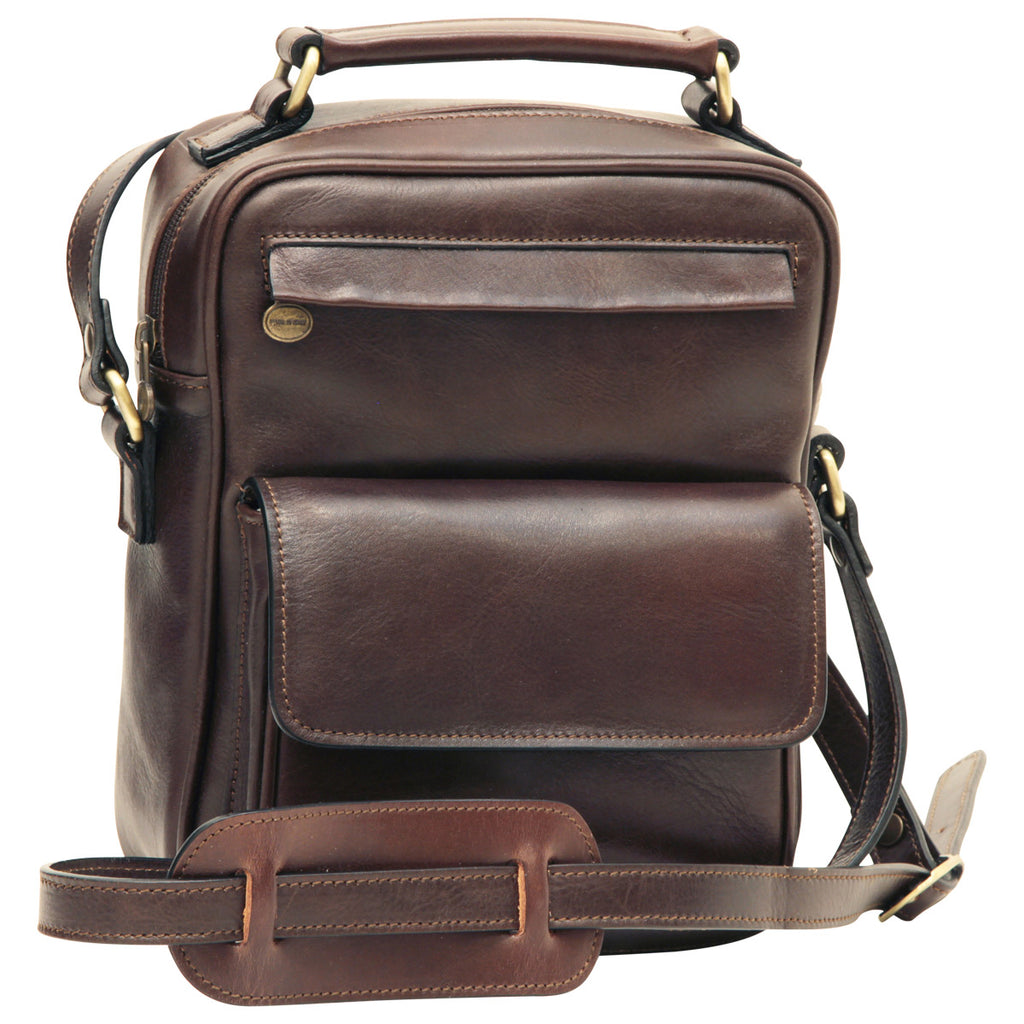 Leather Shoulder Bag with front pocket - Dark Brown-0