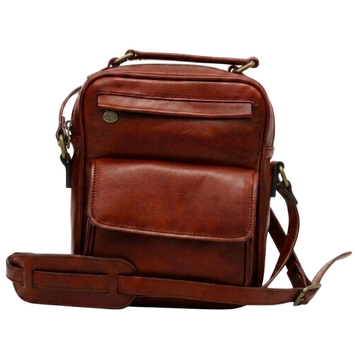 Leather Shoulder Bag with front pocket - Mahogany-0