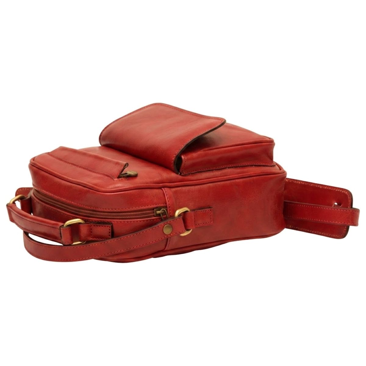 Leather Shoulder Bag with front pocket - Red-1