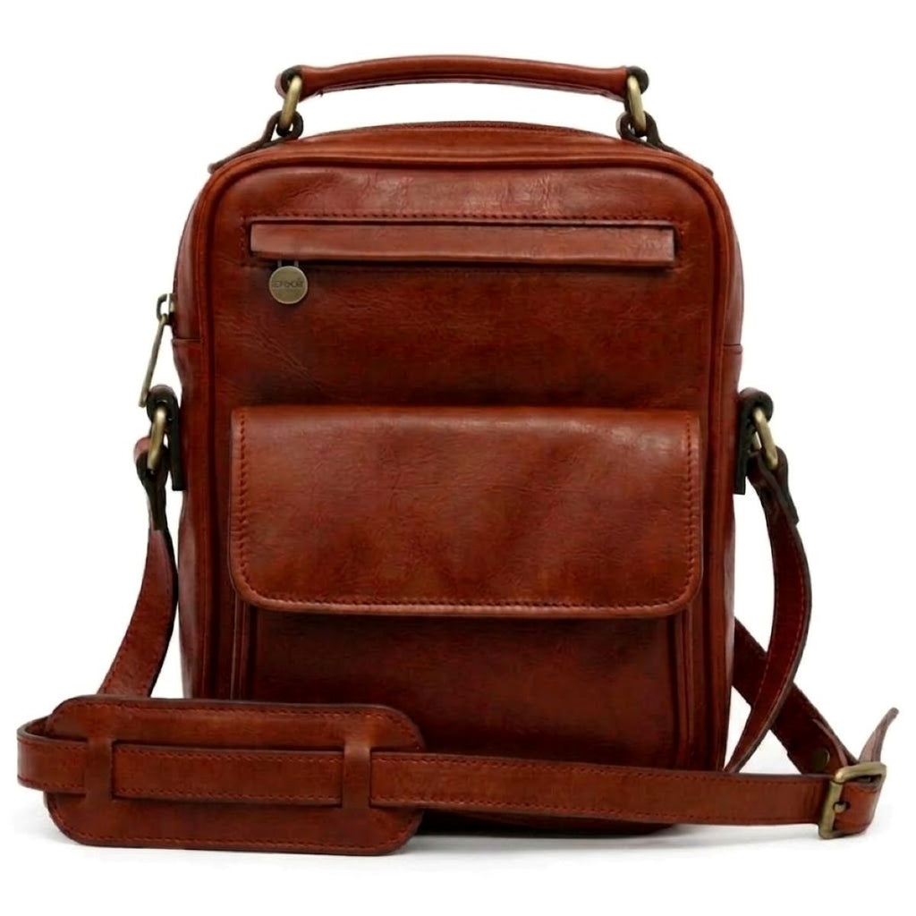 Leather Shoulder Bag with front pocket - Teak-0