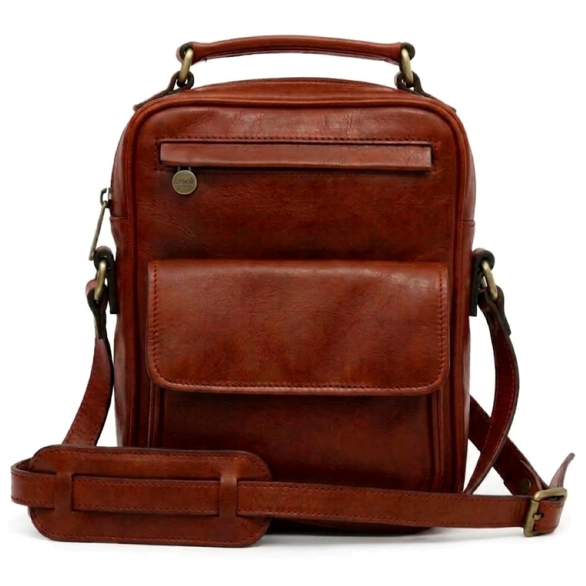 Leather Shoulder Bag with front pocket - Teak-0