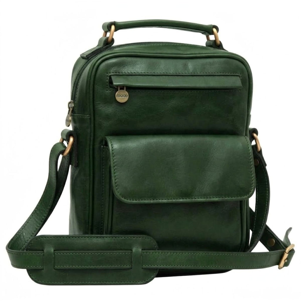 Leather Shoulder Bag with front pocket - Green-0
