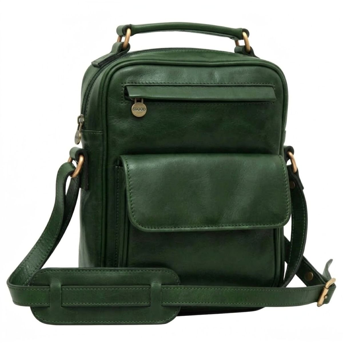 Leather Shoulder Bag with front pocket - Green-0