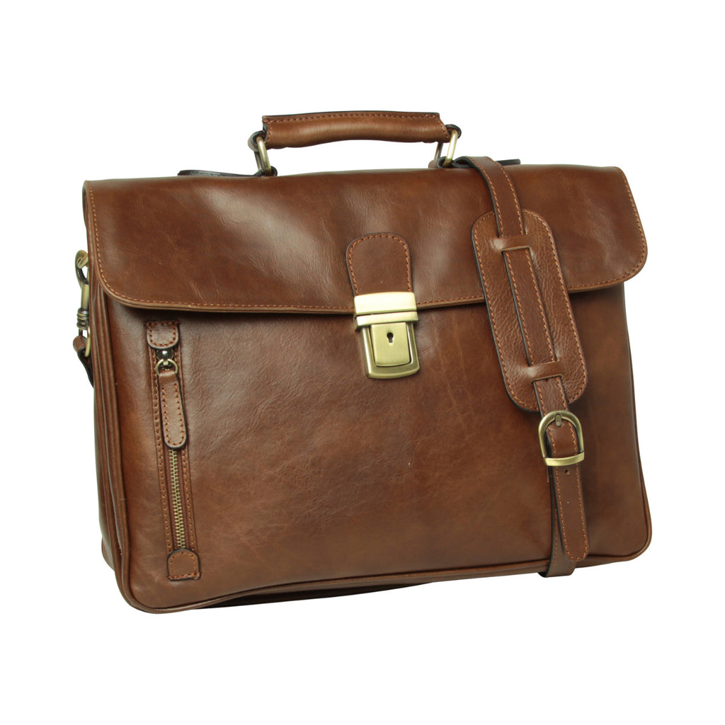 Full grain leather briefcase with schoulder strap - Chestnut-0