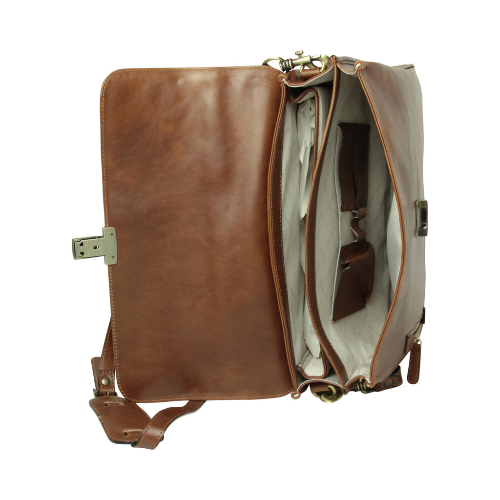 Full grain leather briefcase with schoulder strap - Chestnut-1