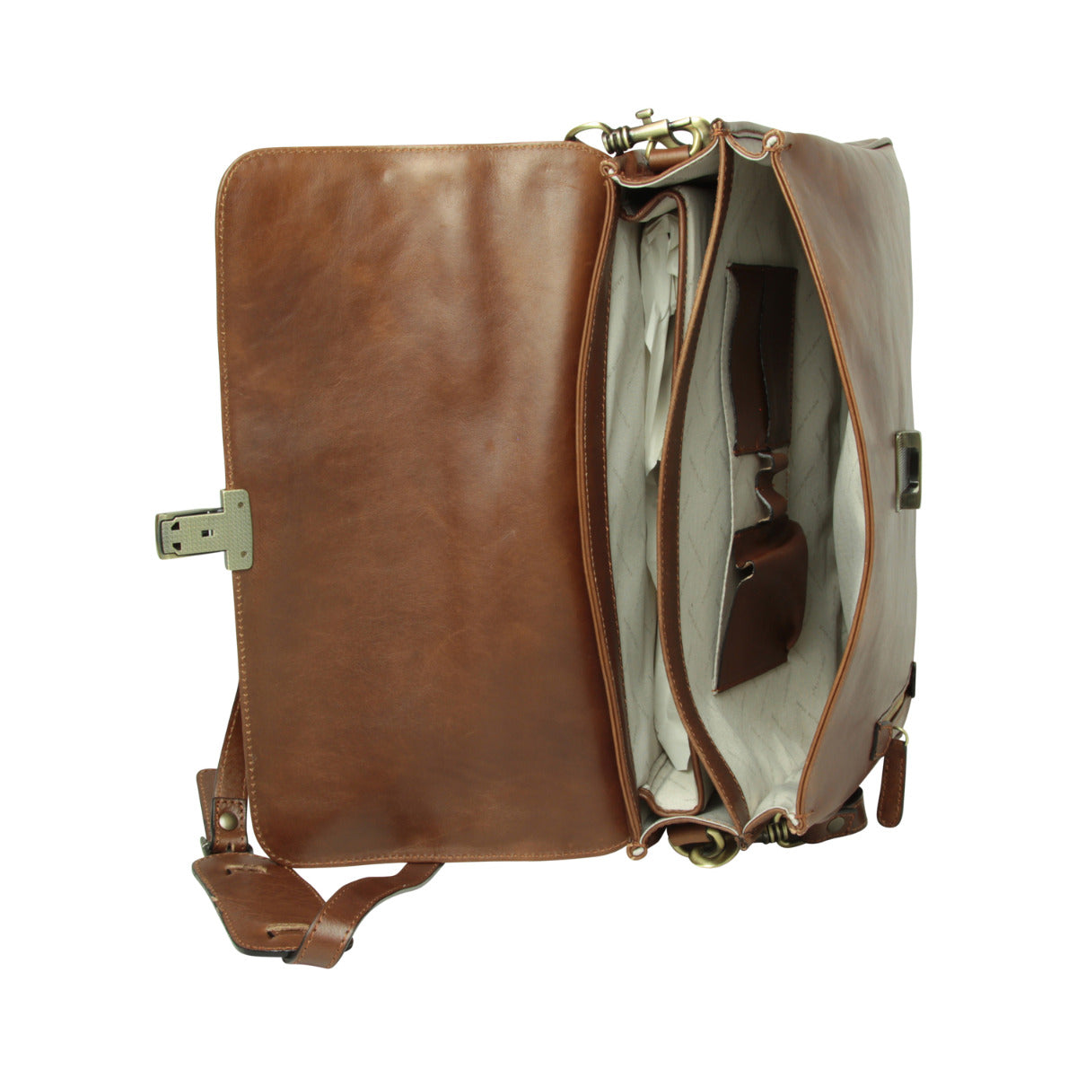 Full grain leather briefcase with schoulder strap - Chestnut-1