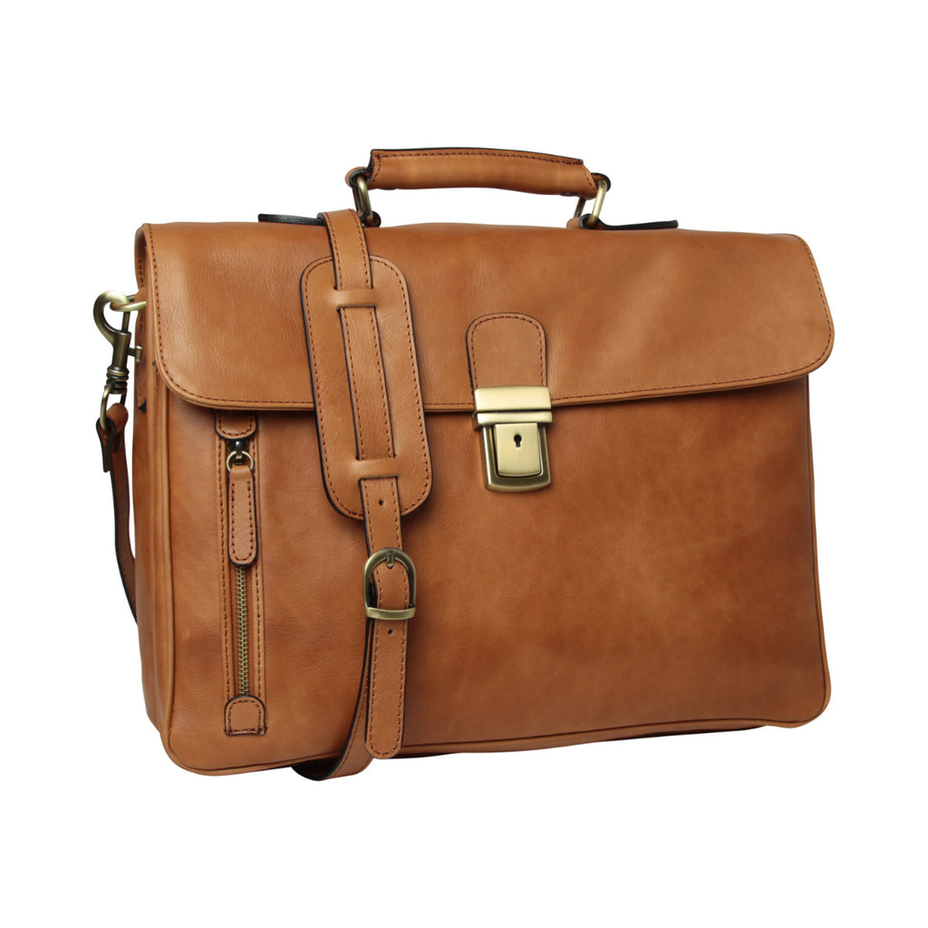 Full grain leather briefcase with schoulder strap - Colonial Brown-0