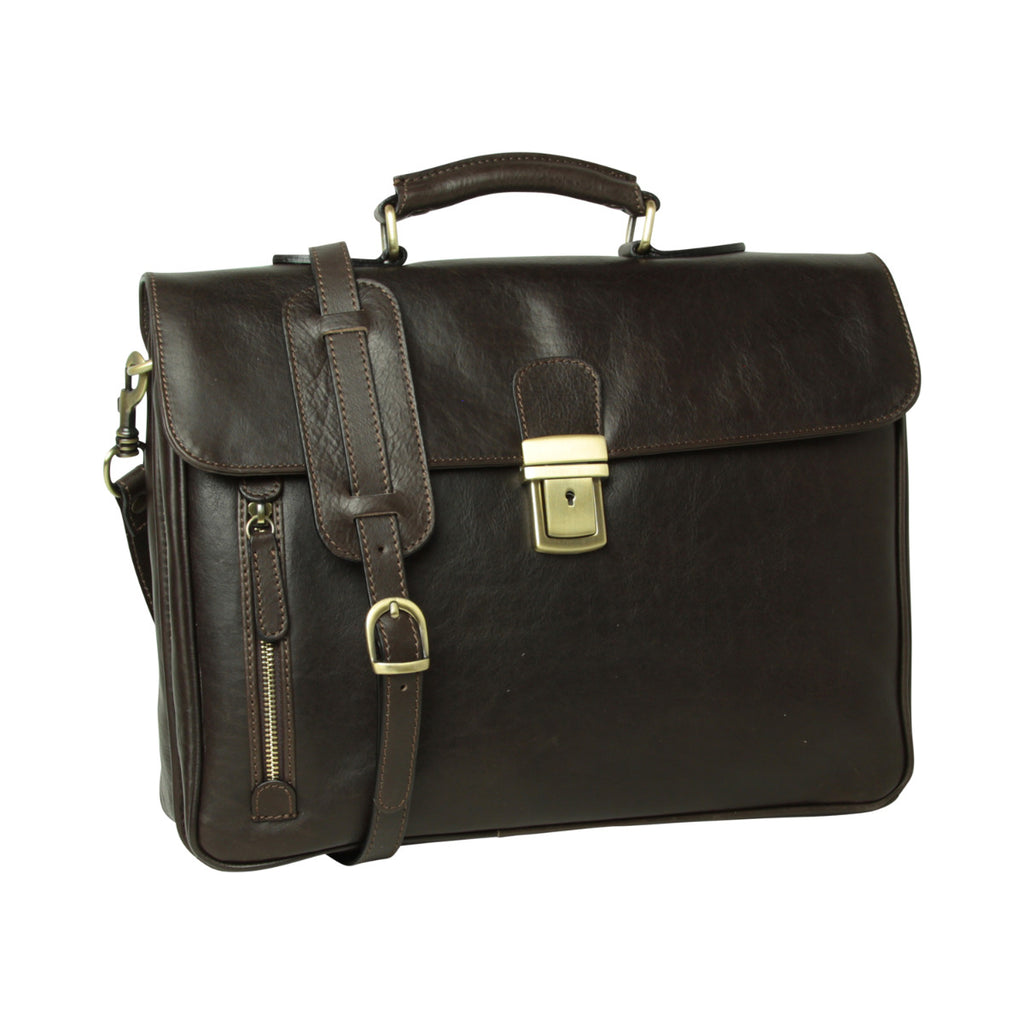 Full grain leather briefcase with schoulder strap - Dark Brown-0