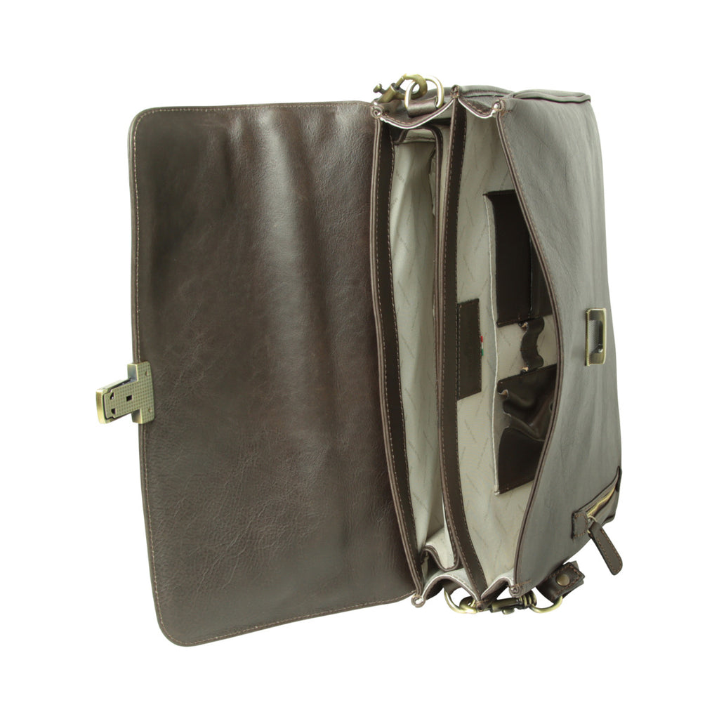 Full grain leather briefcase with schoulder strap - Dark Brown-1
