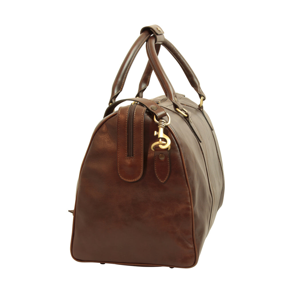Men's Italian Full Grain Leather Travel Bags with Trolley Zip - Dark Brown-1