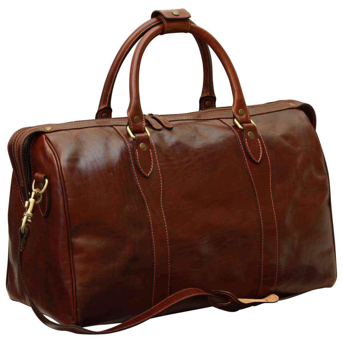 Men's Italian Full Grain Leather Travel Bags with Trolley Zip - Brown-1