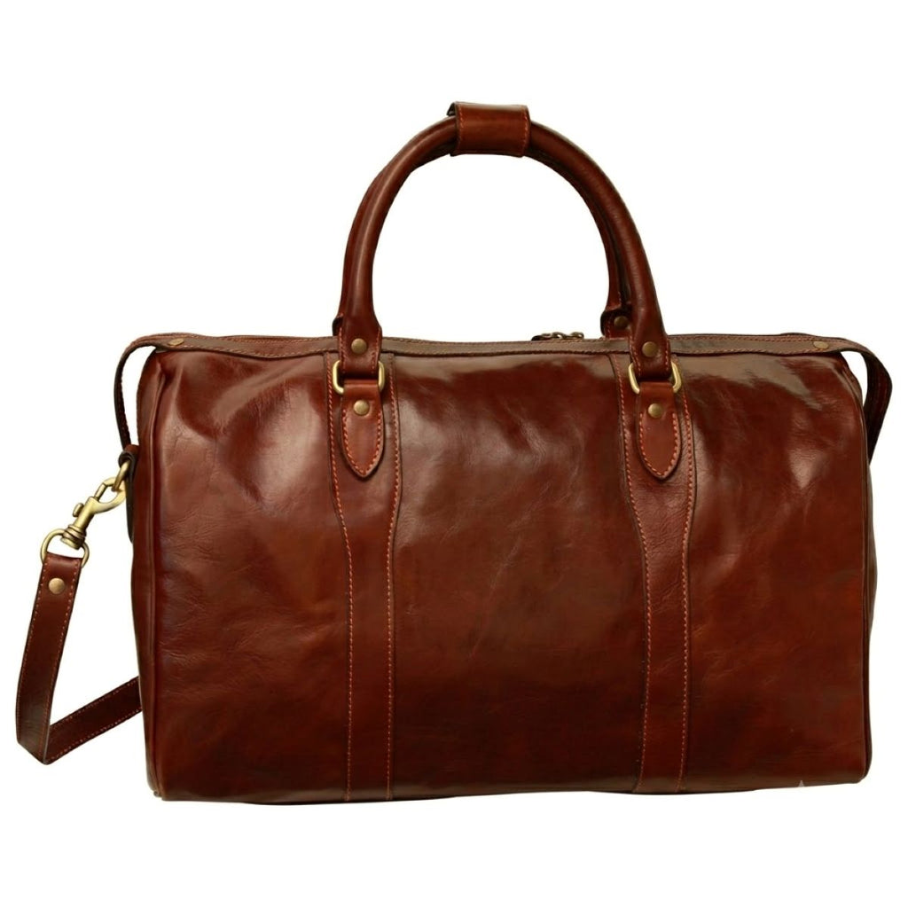 Men's Italian Full Grain Leather Travel Bags with Trolley Zip - Brown-0