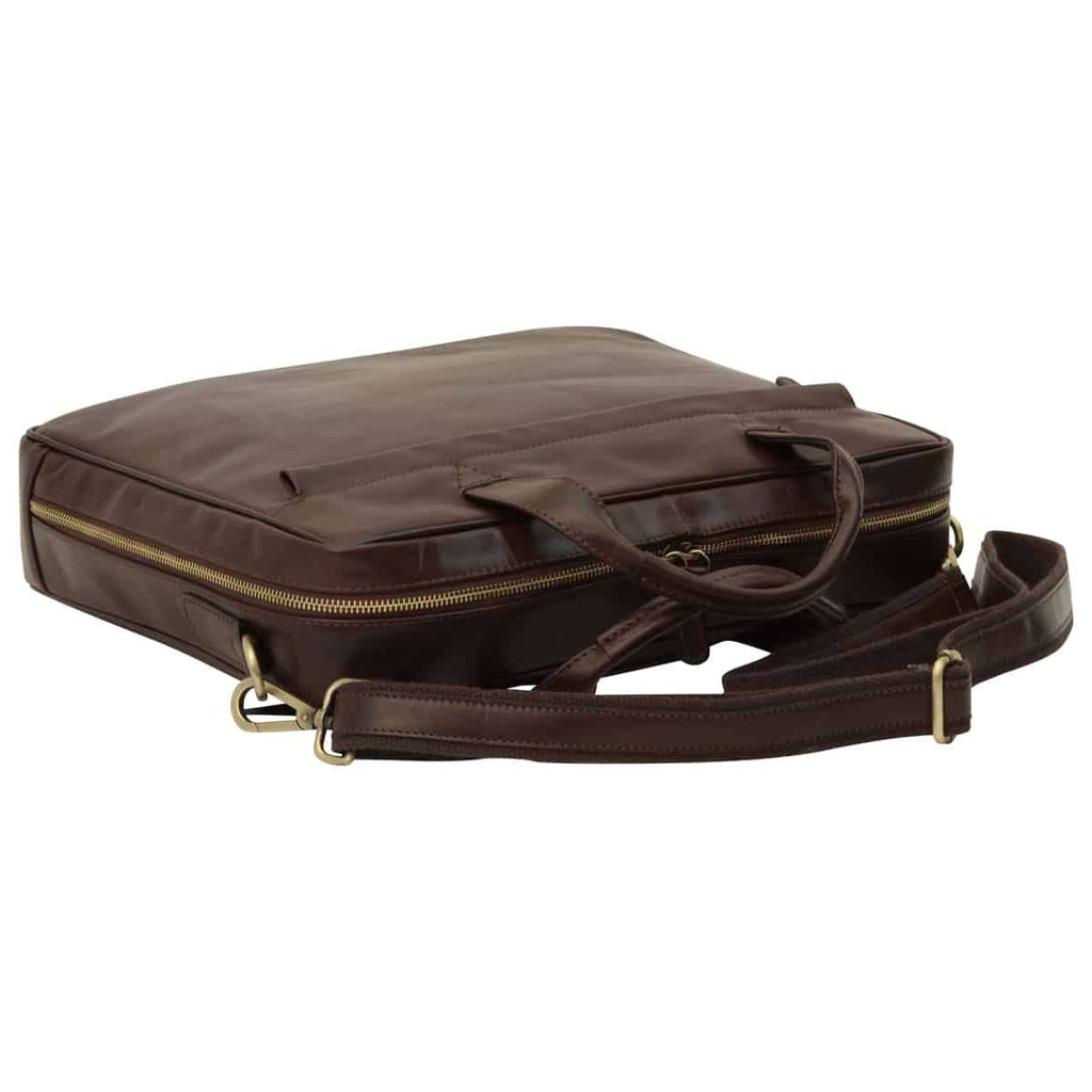 Leather Briefcase with zip closure - Dark Brown-1
