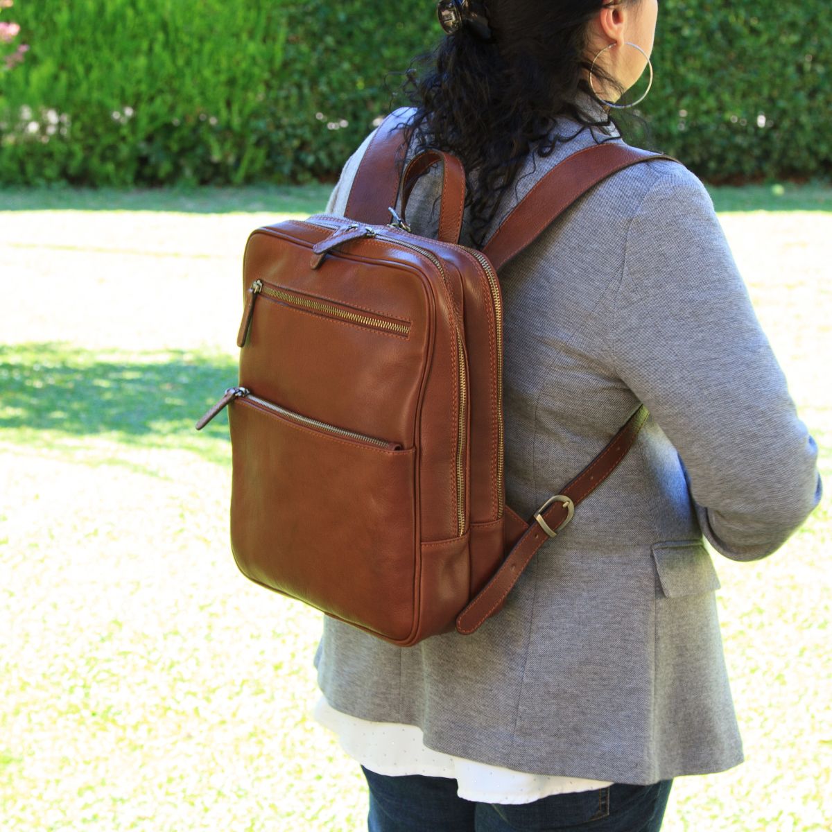 Leather backpack with trolley strap-Brown-1