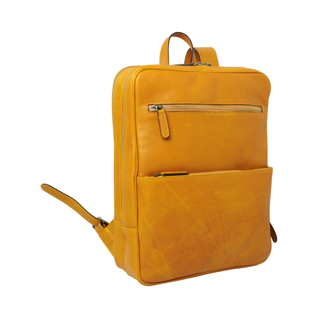 Leather back pack with backside troller strap - yellow ochre-0