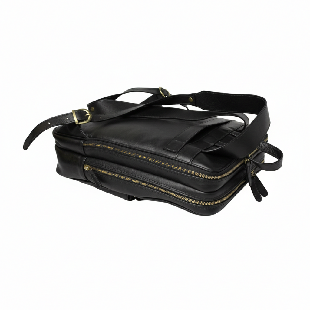 Leather backpack with trolley strap-Black-1