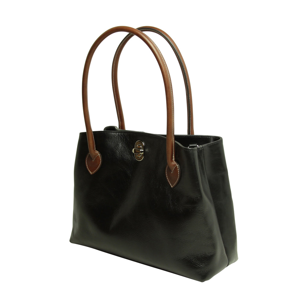WOMAN’S TWO-HANDLE BAG IN TWO -TONE FULL-GRAIN LEATHER-BLACK-1