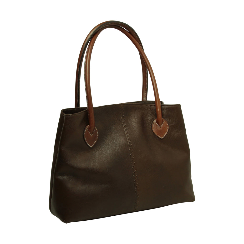 WOMAN’S TWO-HANDLE BAG IN TWO -TONE FULL-GRAIN LEATHER-DARK BROWN-1