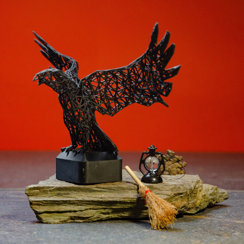 Mystical Raven Sculpture – Intricate Wired Grid Design - Open Wings for Enchanting Home Decor-0