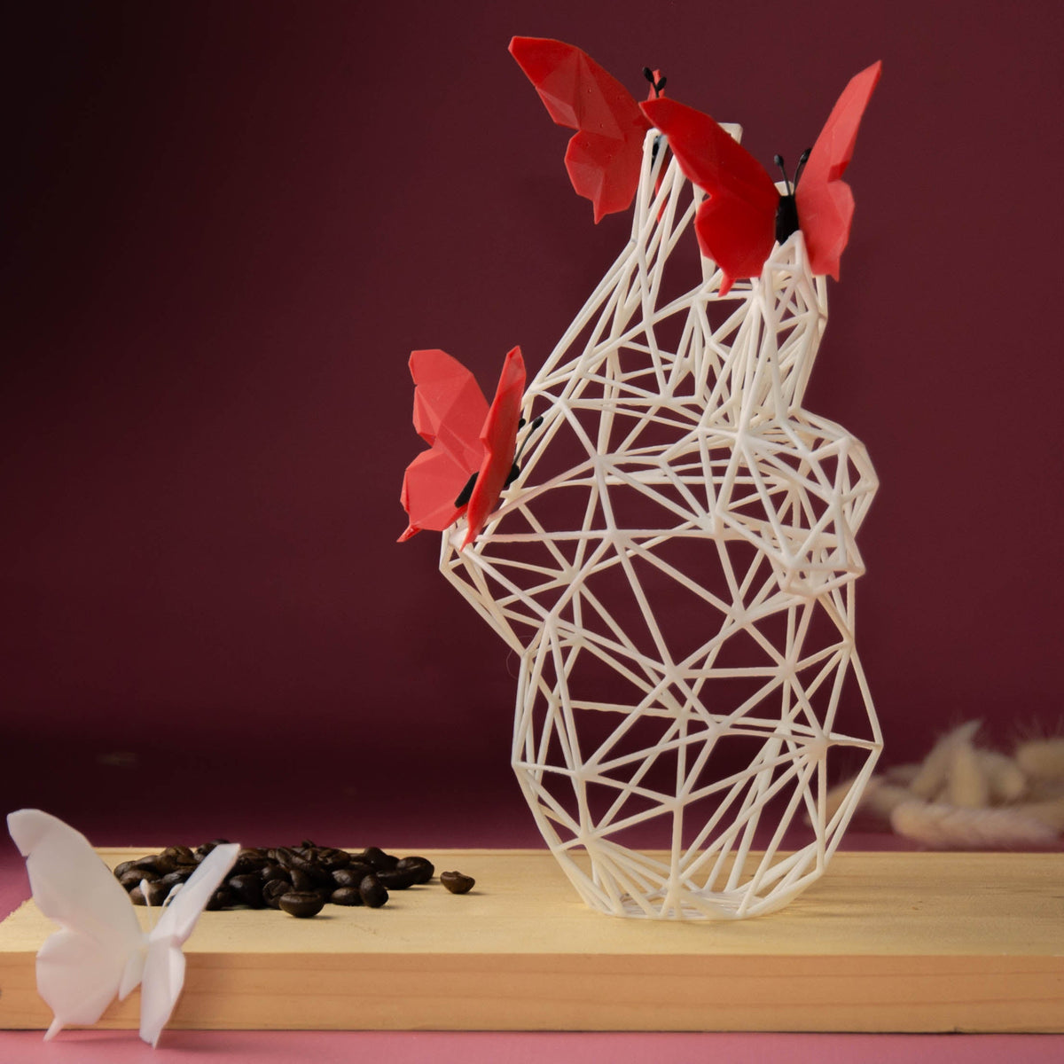 White Heart Sculpture with Red Butterflies – Art Collaboration -  Romantic Home Decor - “U Can Give Me Butterflies”-2